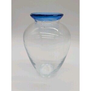 Art Glass Vase Mouth Blown Cobalt Rim Vase